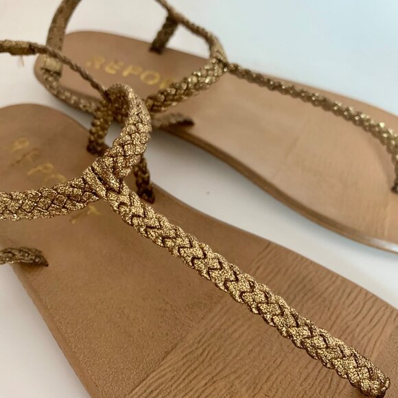 Report Shoes - REPORT Gold Bronze Braided T-Strap Thong Flat Slingback Sandal Women's Size 8.5